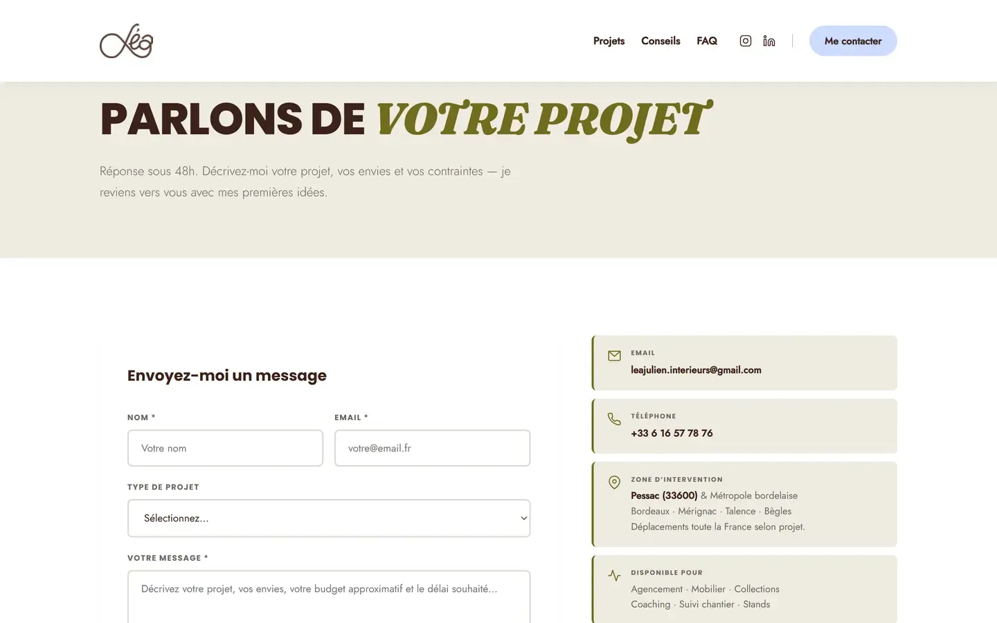Page Contact de leajulieninterieurs.fr