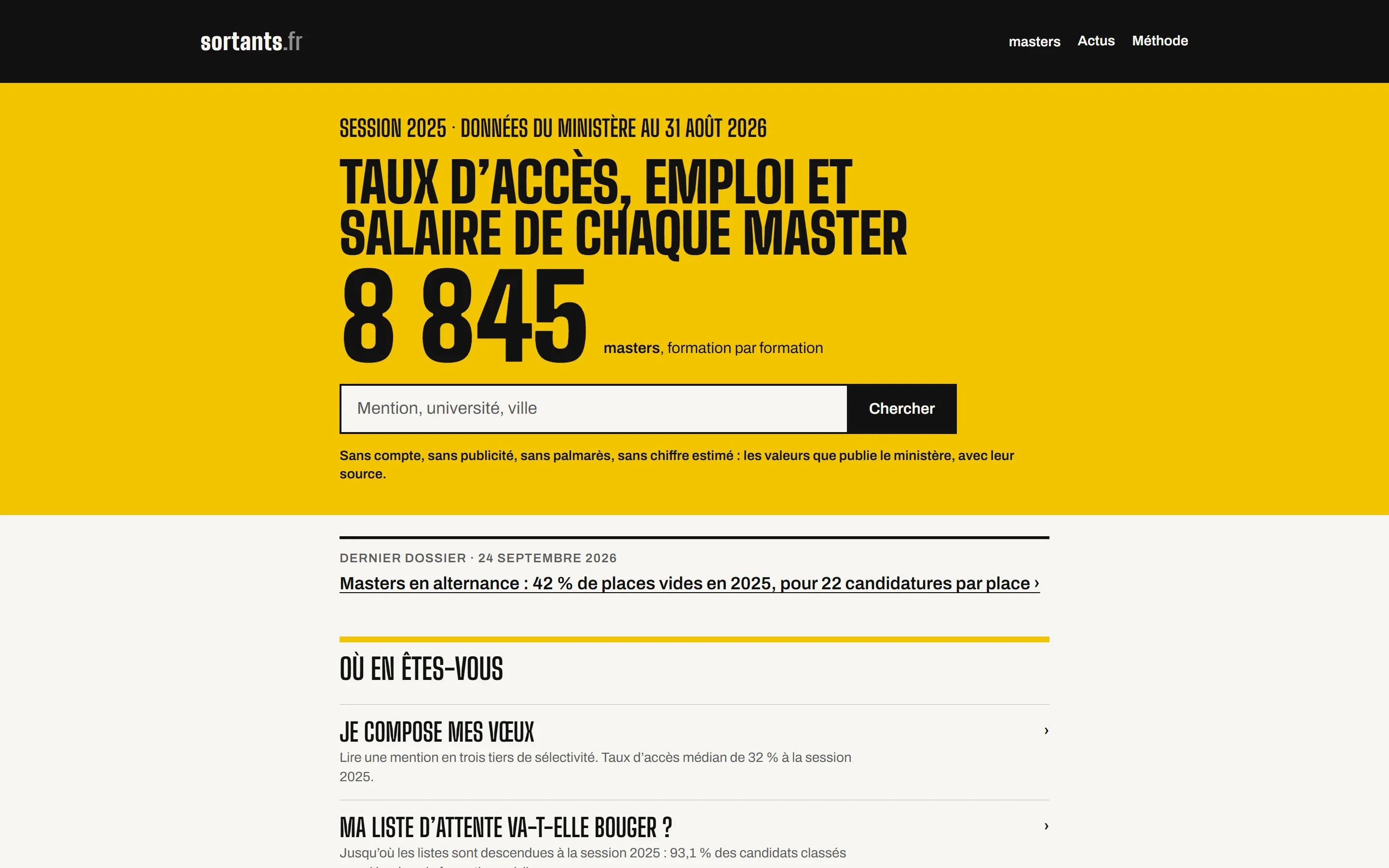 Accueil de sortants.fr, ouvrir la fiche du projet