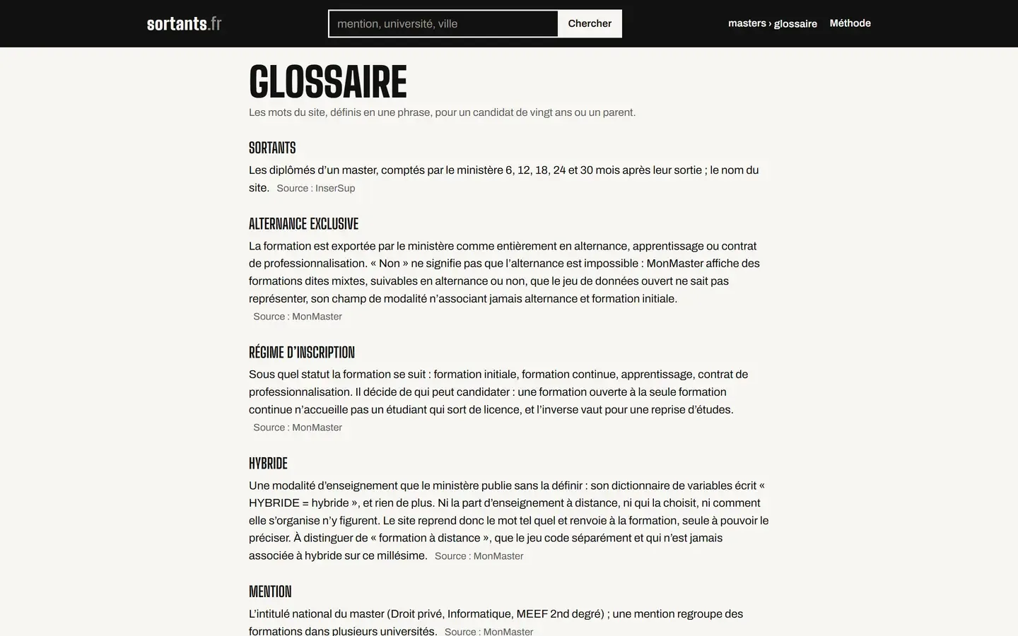 Page Glossaire de sortants.fr