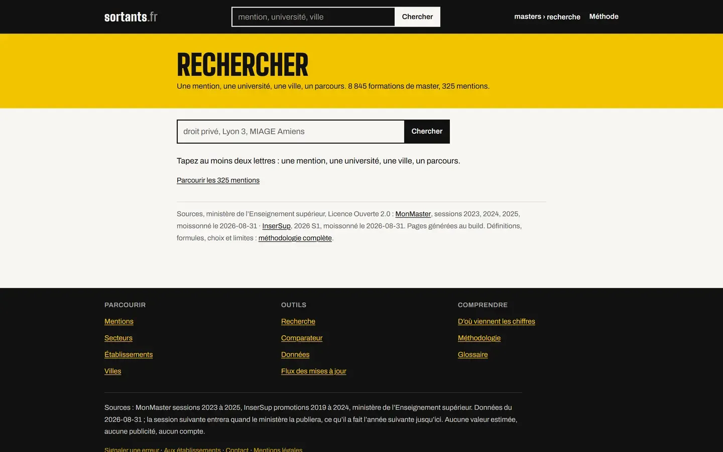 Page Recherche de sortants.fr